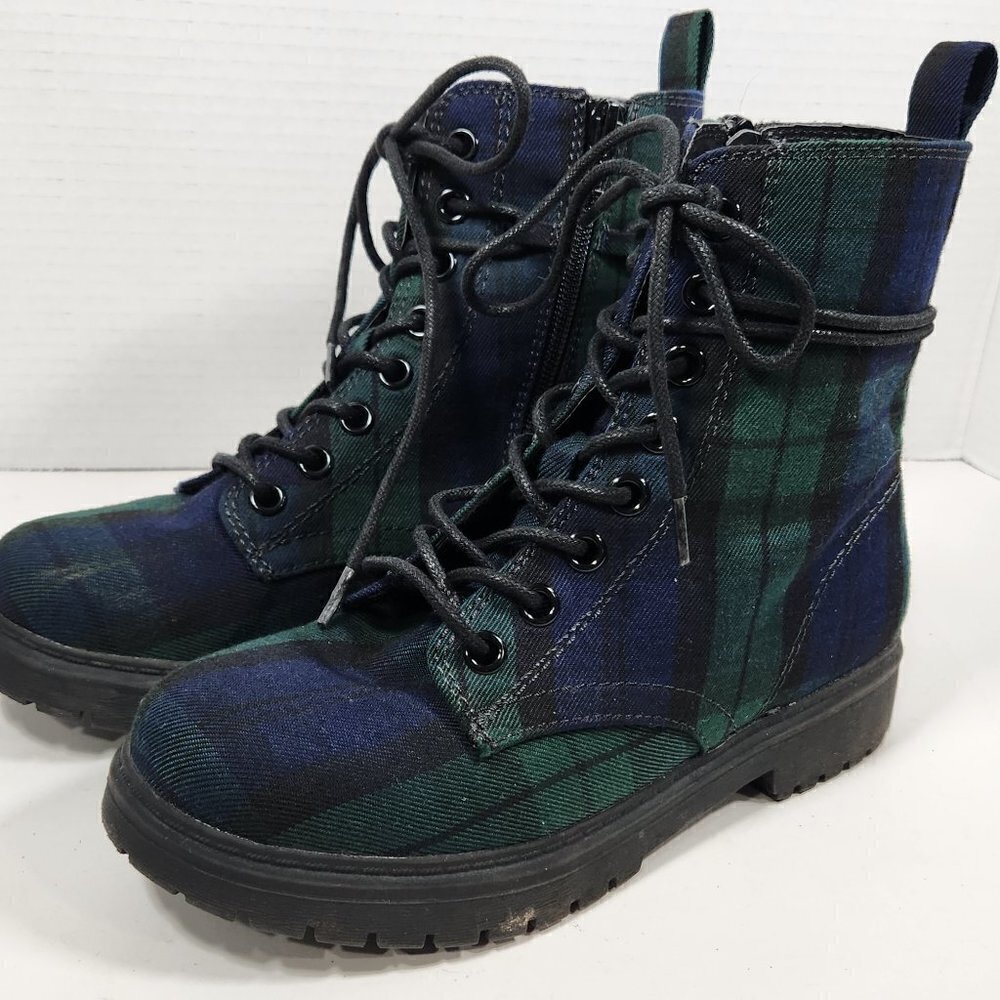 SO Plaid Lace-Up Combat Boots - Green & Blue